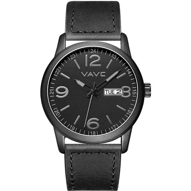 2022 New VAVC Quartz Watches Men Black Leather Band Causal Analog Dress Quartz Wrist Watch with Black Face and Simple Design