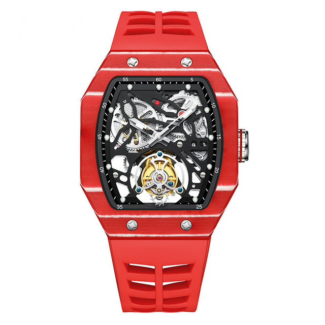 Aesop trending square flying tourbillon watch carbon fiber bezel mechanical men watches top quality red skeleton male watch