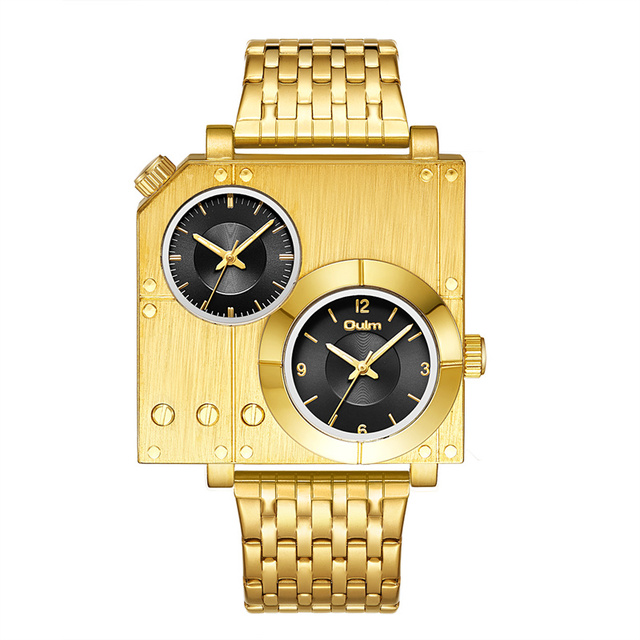 Oulm 5024 Golden Luxury Brand Men Watches Stainless Steel Quartz Watch Two Time Zone Unique Male Clock Relogio Masculino