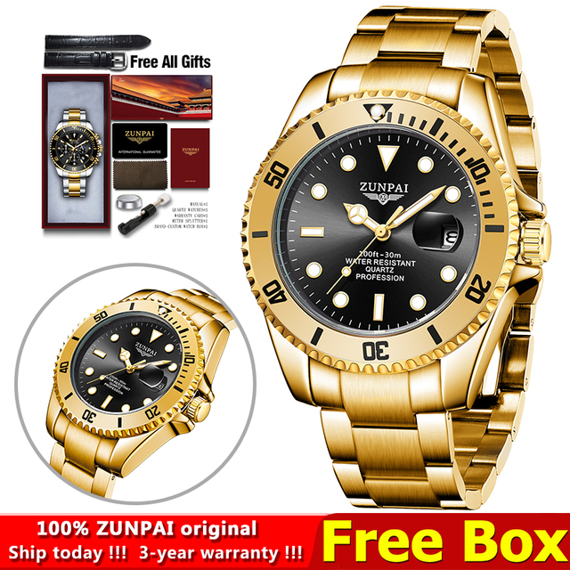 100% Original ZUNPAI Watch Men Sport Water Resistant Diving Wristwatches Stainless Steel Gold 2022New Luxury Fashion TOPBrand