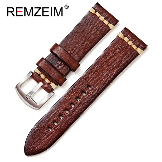 REMZEIM Retro Handmade Genuine Leather Strap Vegetable Tanned Leather Watchband 18 20 22 24mm High Quality Business Watch Band