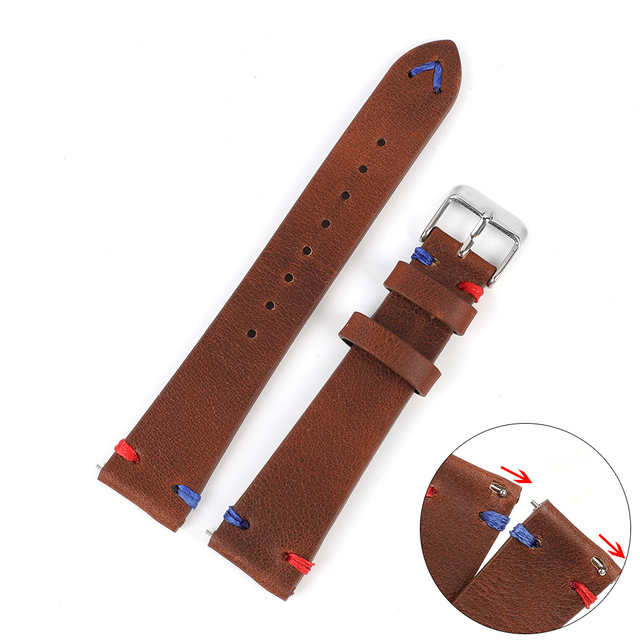 Handmade Retro Genuine Leather Watch Band 20mm 22mm Red Blue Line Calfskin Watch Strap Bracelet for Men Watch Accessories