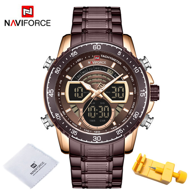 NAVIFORCE Men Sports Military Waterproof Watches Luxury Analog Quartz Digital Wrist Watch for Men Stainless Steel Gold Watches