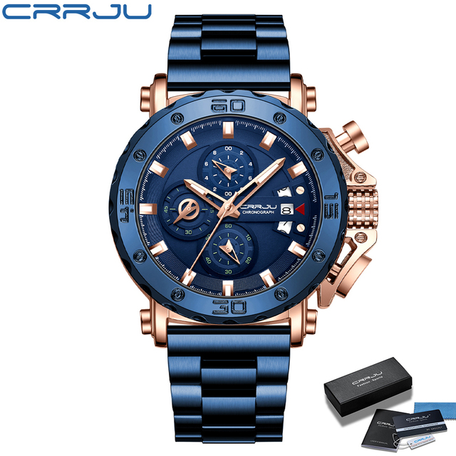 CRRJU Men Watch Luxury Brand Big Dial Stainless Steel Waterproof Chronograph Wrist Watches With Date Relogio Masculino