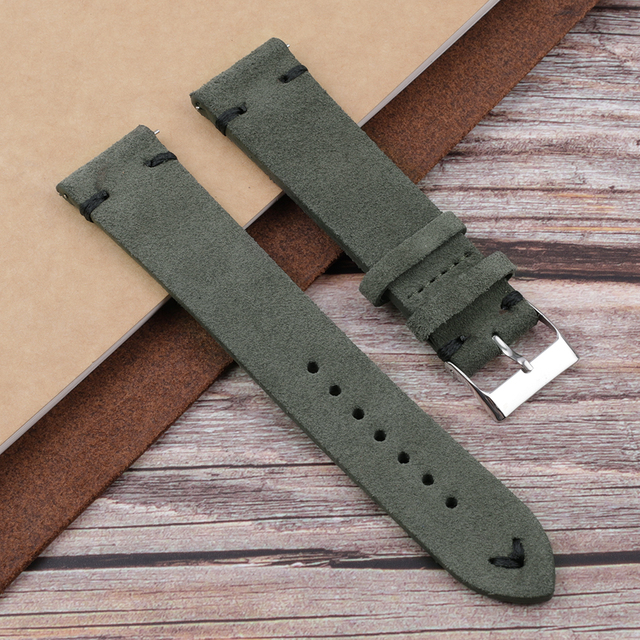 Onthelevel Handmade Dark Green Suede Leather Watch Strap Bands 18mm 20mm 22mm Stainless Steel Buckle With White Black Stitching