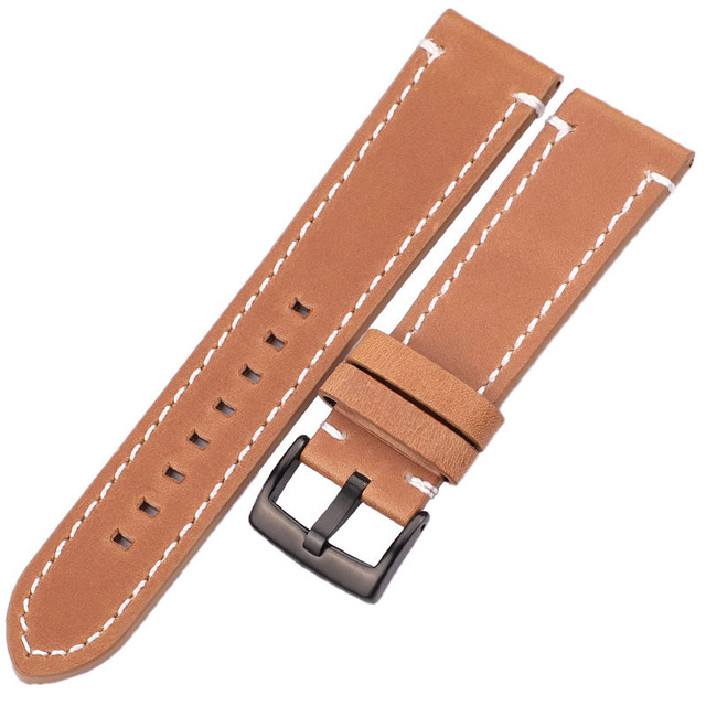 HENGRC - Genuine Cowhide Leather Watch Strap for Men and Women, Thickness 18, 20, 22, 24mm, Handmade, Retro, with Metal Buckles