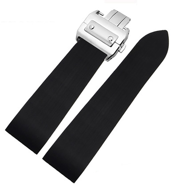 25mm Rubber Watchband Waterproof Fits Santos 100 W2020007 Silicone Strap Silver Gold Folding Buckle Black Bracelet