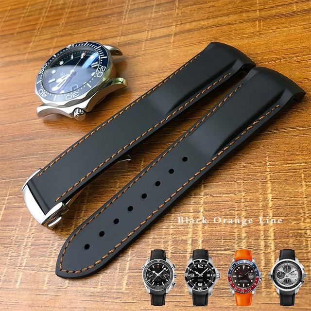 19mm 20mm 21mm 22mm Rubber Silicone Curved End Watchband Folding Buckle Watchband For Omega Seamaster 300 AT150 Watch Speedmater