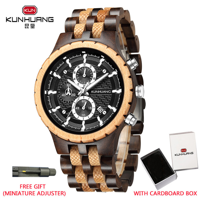 Kunhuang Business Men's Watch Wooden Stopwatch Date Display Chronograph Quartz Wrist Watches relogio masculino