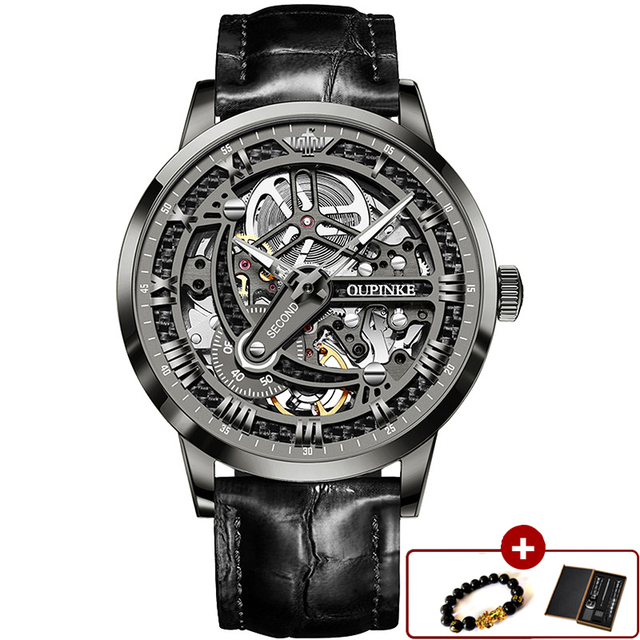 Top Brand OUPINKE Luxury Automatic Mechanical Watch for Men Sapphire Mirror Skeleton Hollow Leather Waterproof Wristwatch Clock