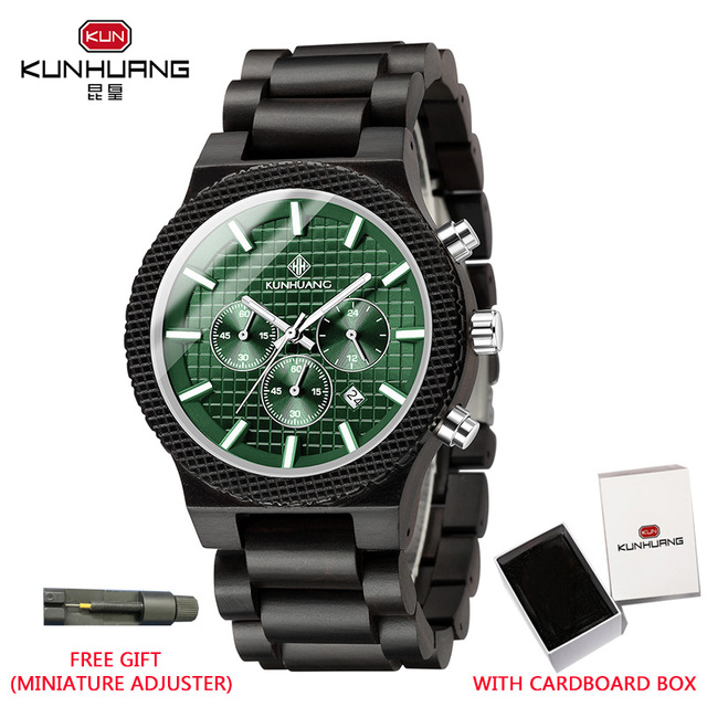 Kunhuang Luxury Elegant Men Wood Watch Military Chronograph Watches Quartz Relogio Masculino Custom Dropshipping