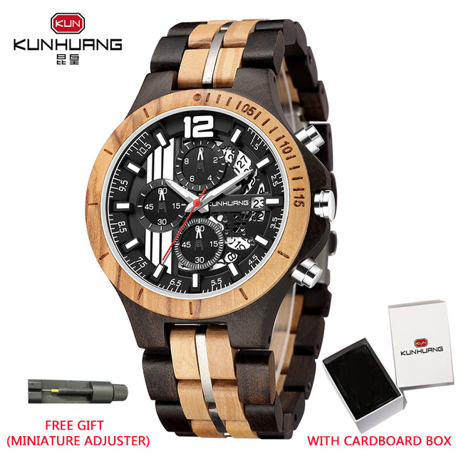 Kunhuang Handmade Wooden Watch Men Water Military Watches Chronograph Quartz Watches relogio masculino men gifts