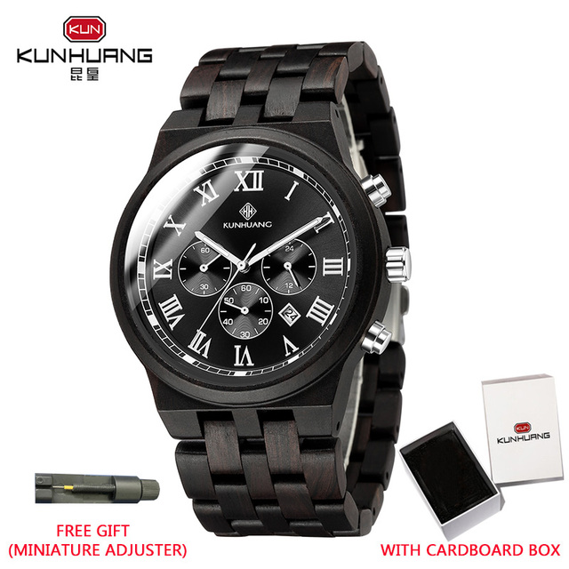 Kunhuang Wooden Men Watches Relogio Masculino Luxury Brand Stylish Chronograph Military Watch Great Gift for Man OEM