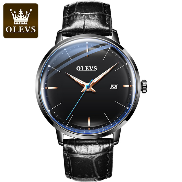 OLEVS 2022 Luxury Fashion Men's Watches Black Automatic Calendar Leather Strap Luminous Hands Waterproof Mechanical Watch Men