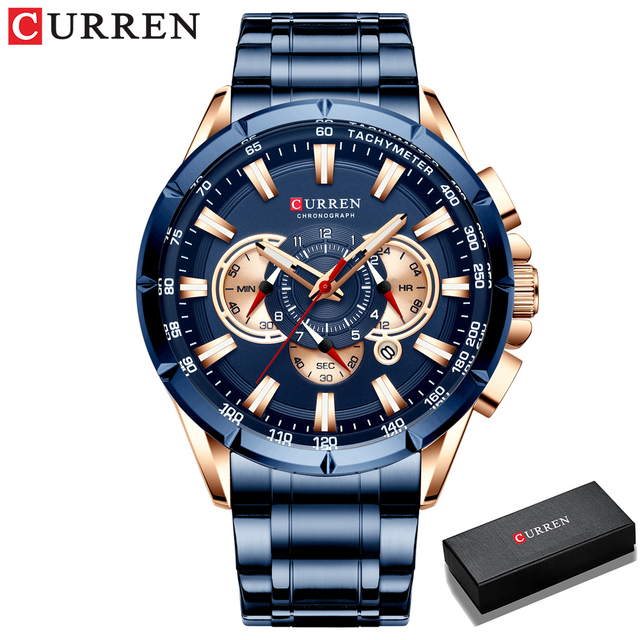 CURREN New Casual Sports Watch Men's Chronograph Stainless Steel Band Watch Large Wristwatch Quartz Watch With Luminous Pointers