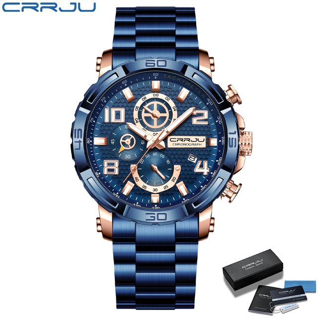 CRRJU Men's Watches Large Dial Waterproof Stainless Steel With Luminous Hands Date Sports Chronograph Watches Relogio Masculino