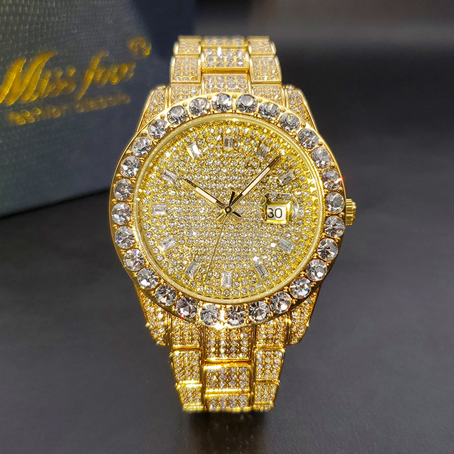 Luxury Men's Watch Bling Bling Big Diamond Quartz Watches Male Hip Hop Rock Stylish Waterproof Calendar Wristwatches Droshipping