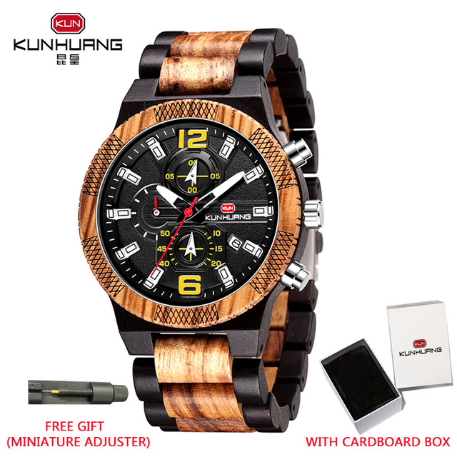 Kunhuang Wooden Watch Fashion Personality Creative Design Senior Ebony Men Watches Quartz Watch Movement Wooden Box Montre Homme