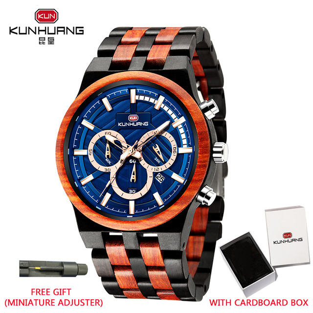 Kunhuang New Wooden Watch Men Luxury Chronograph Ebony Quartz Watch Blue Dial Metal Glass Mirror Wooden Box