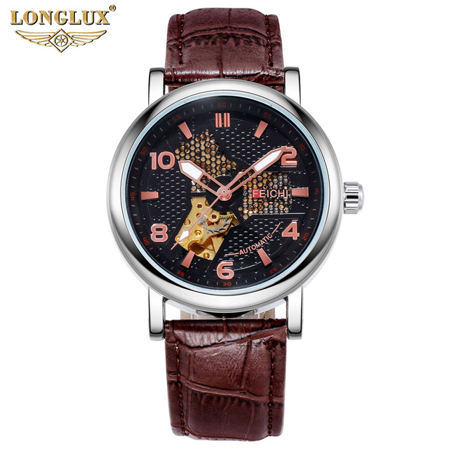 LONGLUX Brand Mechanical Automatic New Business Watches Men Leather Straps Waterproof Wristwatch Sports Watches Relogio Masculino