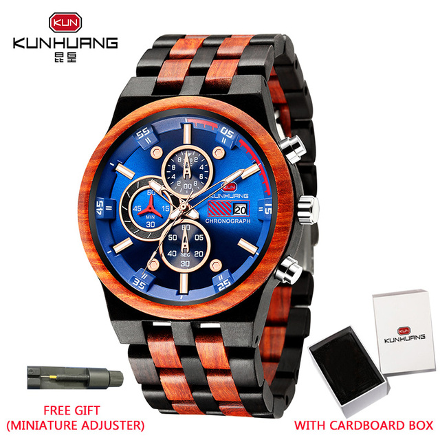 Reloj hombre KUNHUANG New Wooden Watch Men Luxury Brand Chronograph Military Quartz Watches for Man Dropshipping Customized