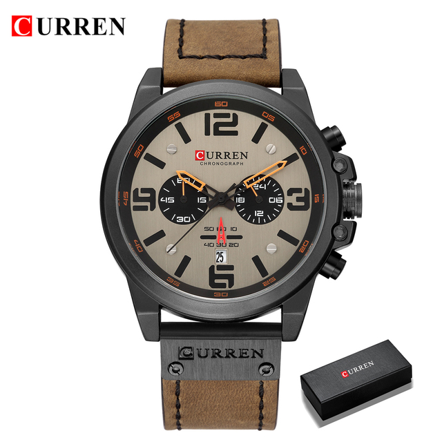 CURREN-Watches-Men's Distinguished,Luxury Watch Brand,Water Resistant,Sports,Wrist Watch,Chronograph,Quartz Genuine Leather Military,Men