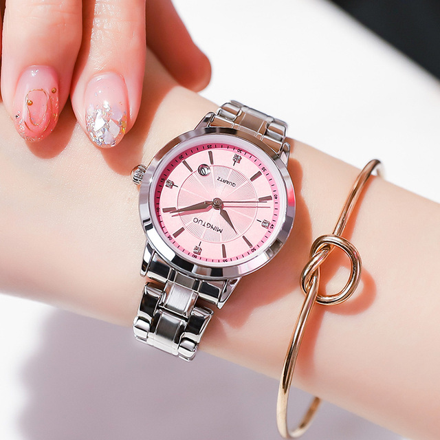 Women's quartz pink dial stainless steel straps luxury fashion watch