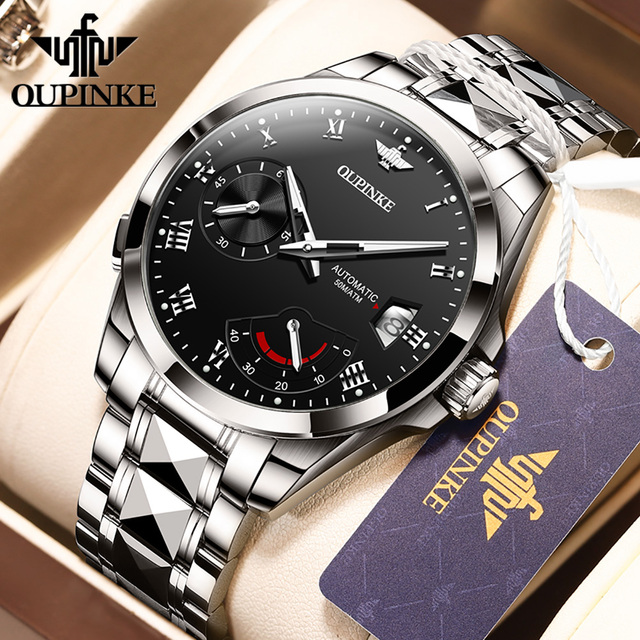 OUPINKE Watch for Men Luxury Brand Automatic Mechanical Wristwatches Waterproof Tungsten Steel Strap Fashion Simple Wristwatch