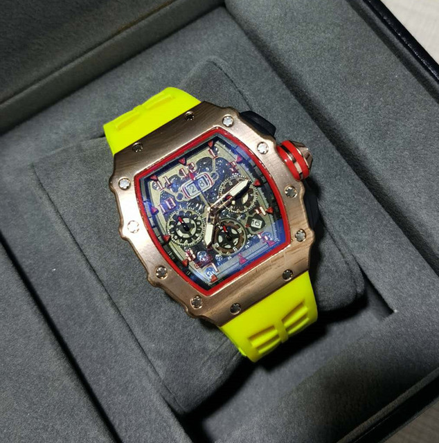 6-pin Richard Men's High Quality Diamond Quartz Watch Hollow Glass Back Stainless Steel Case Black Rubber Watch