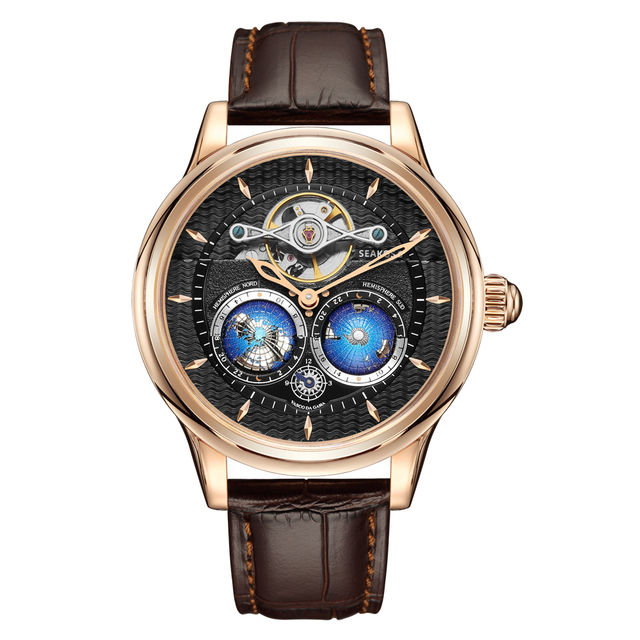 Super Automatic Rotation 3D Double Earth Flywheel Mechanical Watches Northern/Southern Hemisphere Mechanical Watches SEAKOSS 1963 Automatic Wristwatches