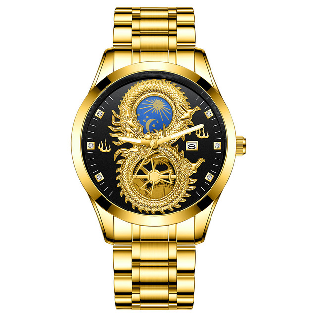 FNGEEN Mens Watches Luxury Brand Chinese Golden Dragon Quartz Watch Diamond Dial Stainless Steel Watch Male Relogio Masculin