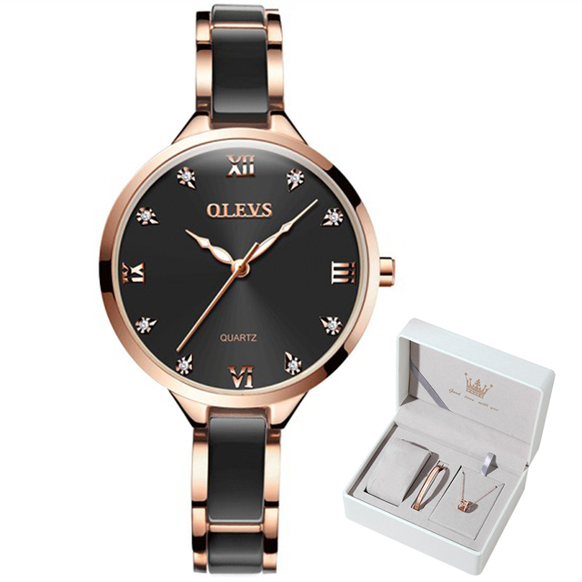 OLEVS Women Watches Fashion Trend Watch for Women Ceramic Strap Brick Dial Luminous Waterproof Quartz Wristwatch Casual Gift Set