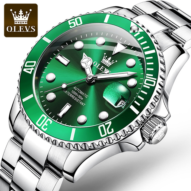 OLEVS Brand 007 Business Men's Watches Automatic Green Watch Men Stainless Steel Waterproof Luxury Mechanical Sports Wristwatch