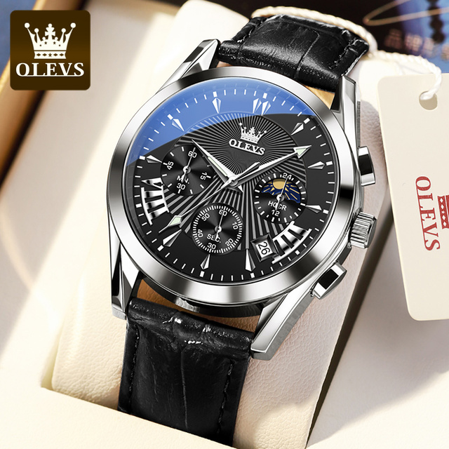 OLEVS Luxury Watch Men's Multifunctional Quartz Watch Business Style Leather Strap Waterproof Mens Calendar Chronograph Watch