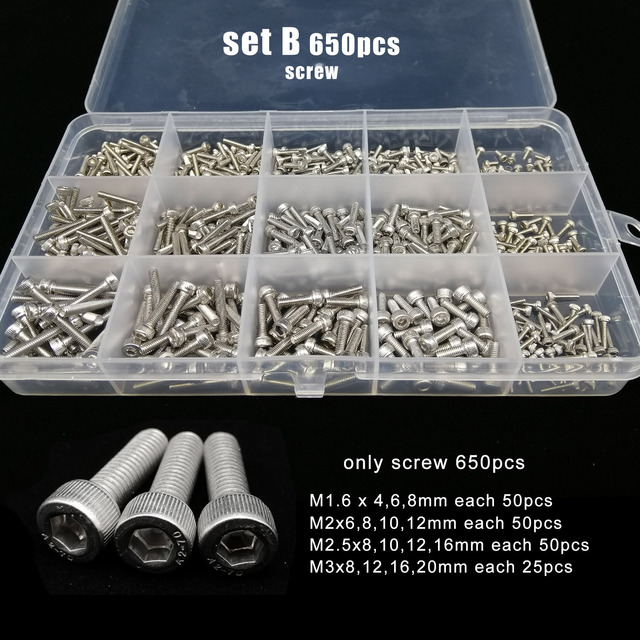 Total 400/650/1140/2100X M1.6 M2 M2.5 M3 M4 M5 304 Stainless Steel Hex Handle Hex Socket Cap Head Screw Bolt Nut Set Assortment Kit