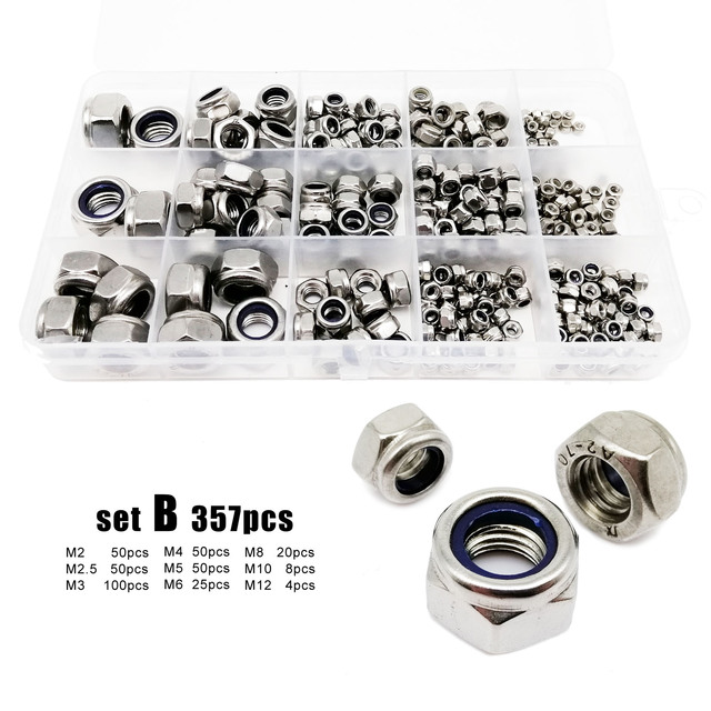 162/357pcs M2 TO M12 DIN985 304 Stainless Steel Hex Knob Nylon Insert Lock Nut Assorted Hex Self-locking Nylock Lock Set