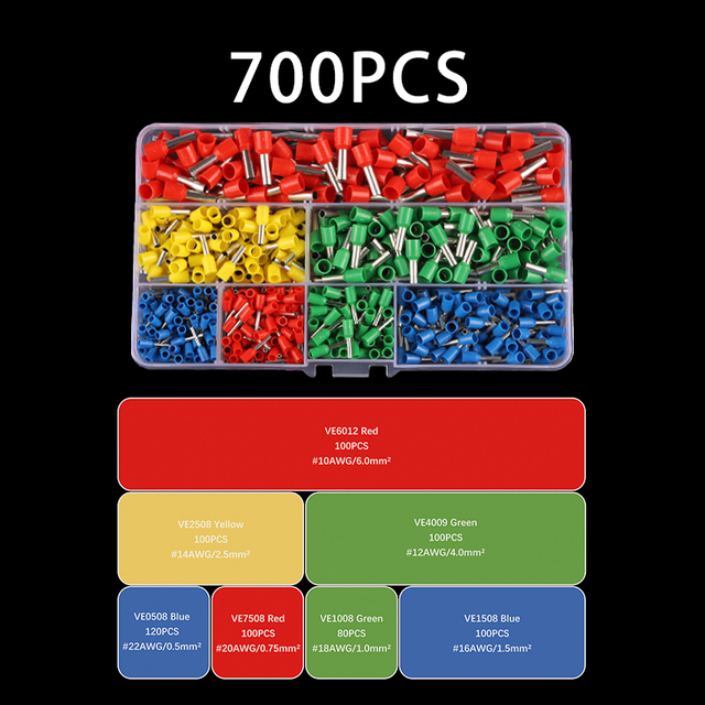 Boxed VE Series Insulated Terminal Block Cord End Crimping Sleeve Terminal Wire Cable Connector Electrical Pipe Terminals Suit