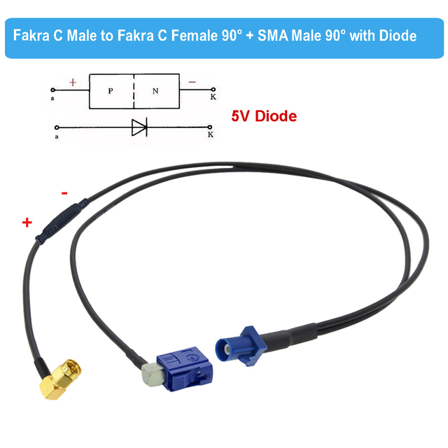 Fakra C-Splitter Cable Male to Dual Right Angle Y Type Diode RG174 Pigtail Car GPS Antenna Extension Cable