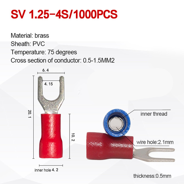 1000pcs SV 1.25 2 3.5-(3 4 5 6) Insulated Wire Terminals Electrical Lug Crimp Terminal 1.5-2.5mm-4mm 16-14 awg