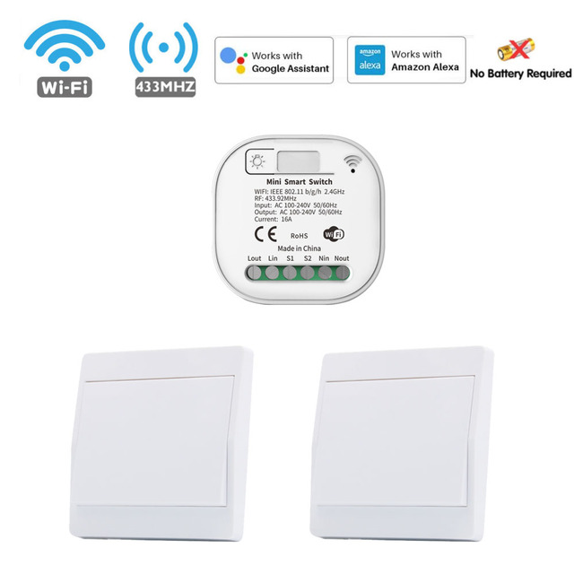 Tuya Smart WiFi and Rf Light Switch 433MHz Kinetic Wall Switch No Battery Needed Wireless Remote Control Timing 220V 16A for Alexa