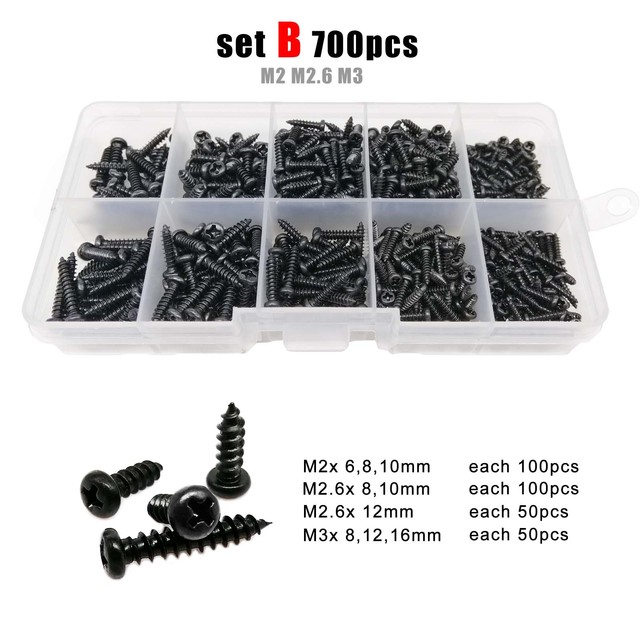 Round Head Wood Screws Set 700 or 2010pcs M1 M1.2 M1.4 M1.7 M2 M3 M4 Black Steel Small Cross