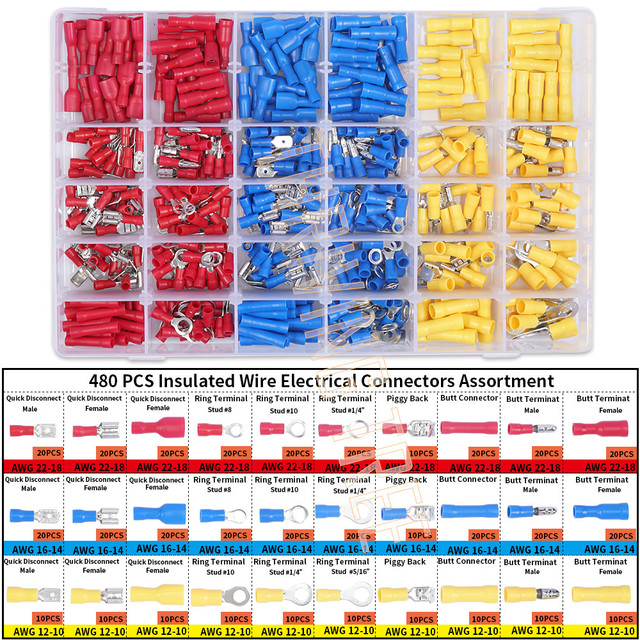 480/280pcs Insulated Cable Electrical Wire Connector Crimp Spade Butt Loop Fork Loop Lugs Rolled Terminals Assorted Kit Plier