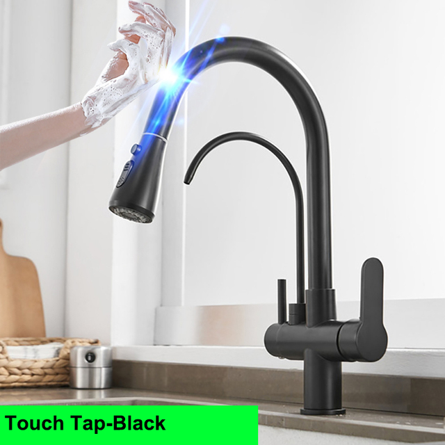 Gold Touch Filter Kitchen Mixer Tap Dual Handle Hot Cold Brass Kitchen Sink Faucets Smar Sensor Touch Pull Out Kitchen Faucets