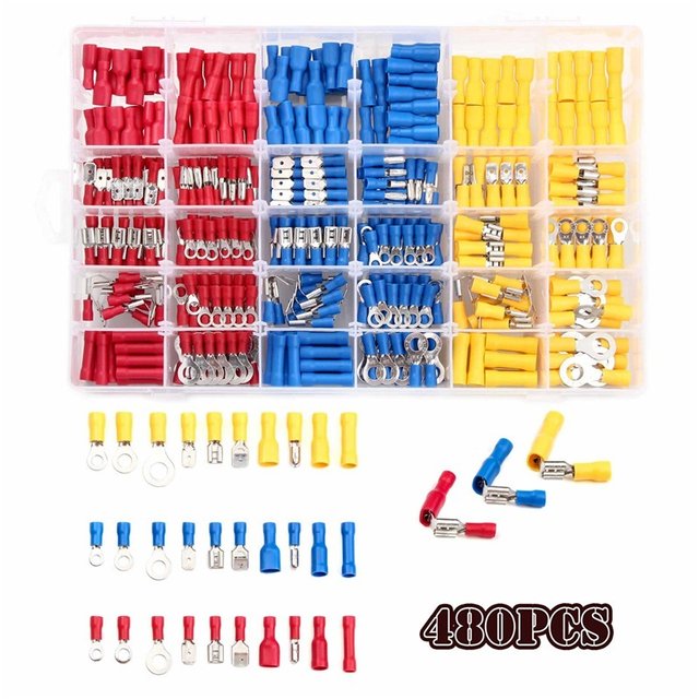 480pcs insulated cable electrical wire connector crimp spade butt loop thorn loop lugs rolled terminals self-adjusting plier