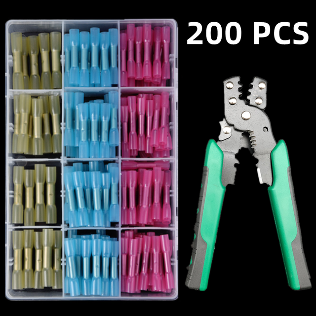 200 PCS Boxed,Solder Ring Terminal+Pliers,Wire Connector,Crimp Solder Butt Thermoresistant Tube,Heat Shrink Sleeve,Insulation