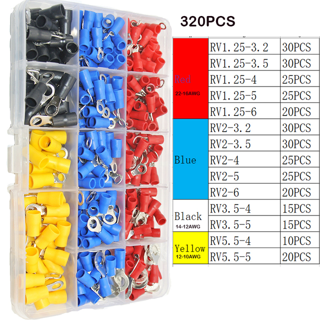 360/320/125pcs 22-16/16-14/12-10 AWG Mixed Quick Cut Electrical Insulated M4/5/6/8 Ring Terminals Crimp Terminal Connectors Kit