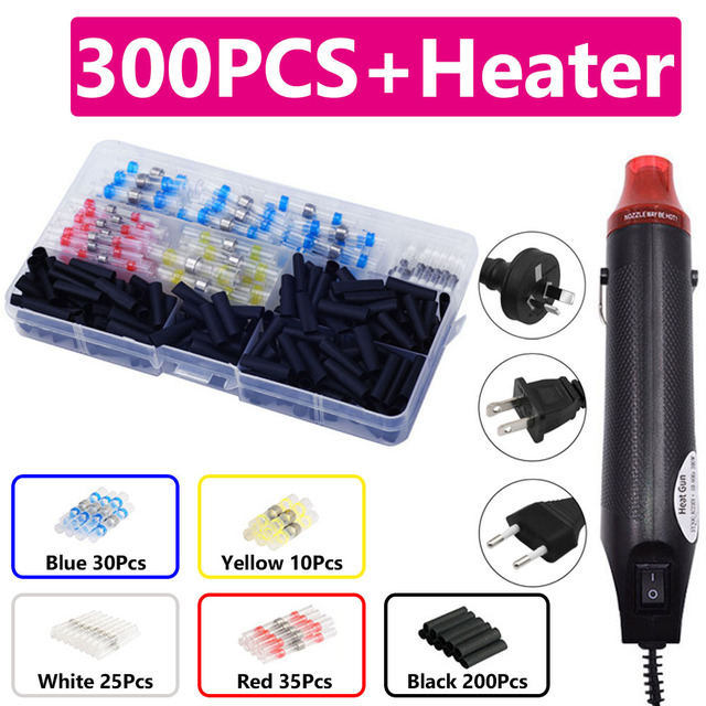 300W Electric Handheld Heat Gun Hot Air Gun with 50-300pcs Heat Shrink Terminals for DIY Craft Embossing Shrink Wrap PVC