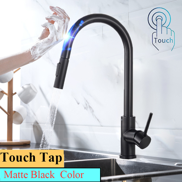 Touch On Kitchen Faucet With Pull Down Sprayer, Touch On Kitchen Sink Stainless Steel Faucet Hot Cold Sensor Kitchen Mixer Tap