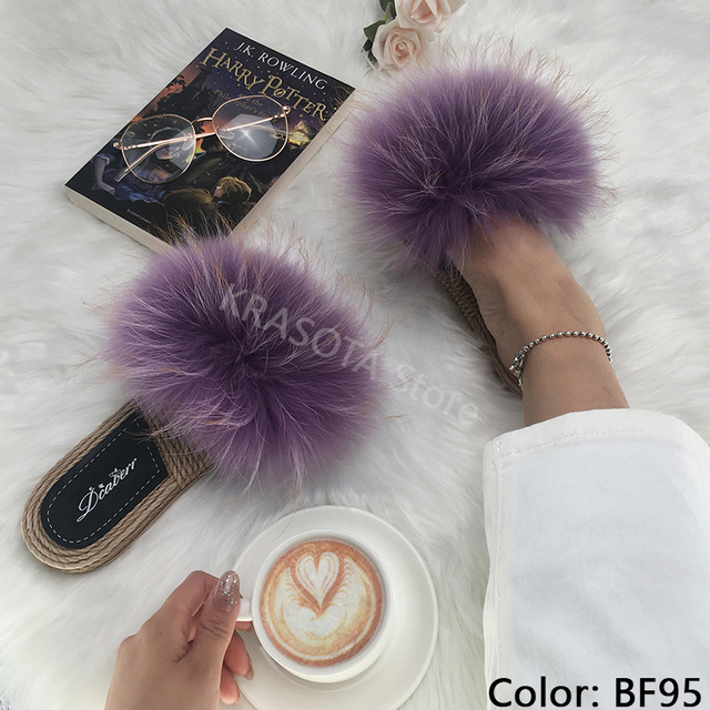 Real Fox Fur Slides Summer Women Faux Espadrilles Slippers Ladies Fluffy Flip Flops Luxury Furry Sandals Shoes 36 37 38 39 40