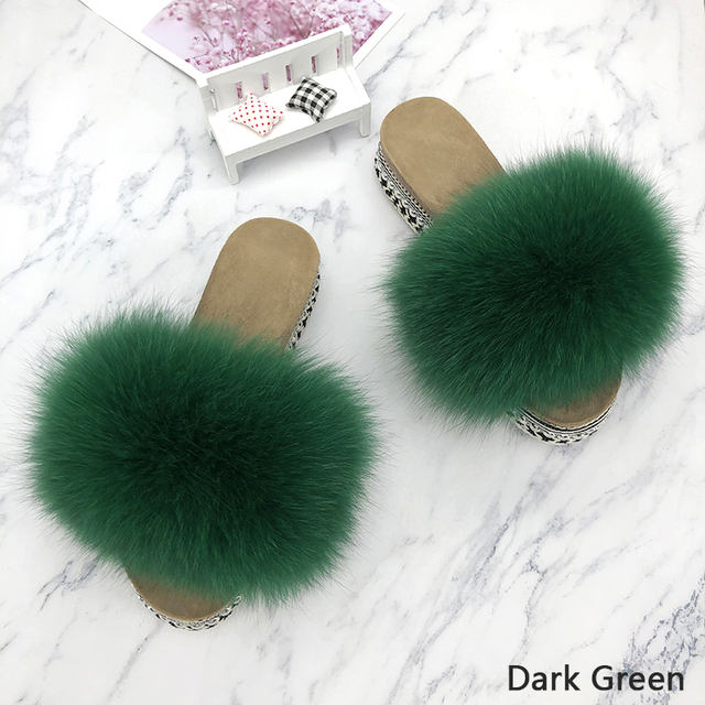 Fur Slides Summer Rivets Platform Sandals Ladies Sandals Outdoor Real Fur Ladies Heels Shoes 2021 New Fluffy Slippers Flip Flops